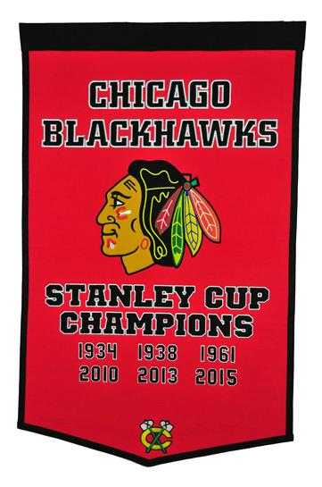 The historic Chicago Blackhawks' Stanley Cup banners hang over the